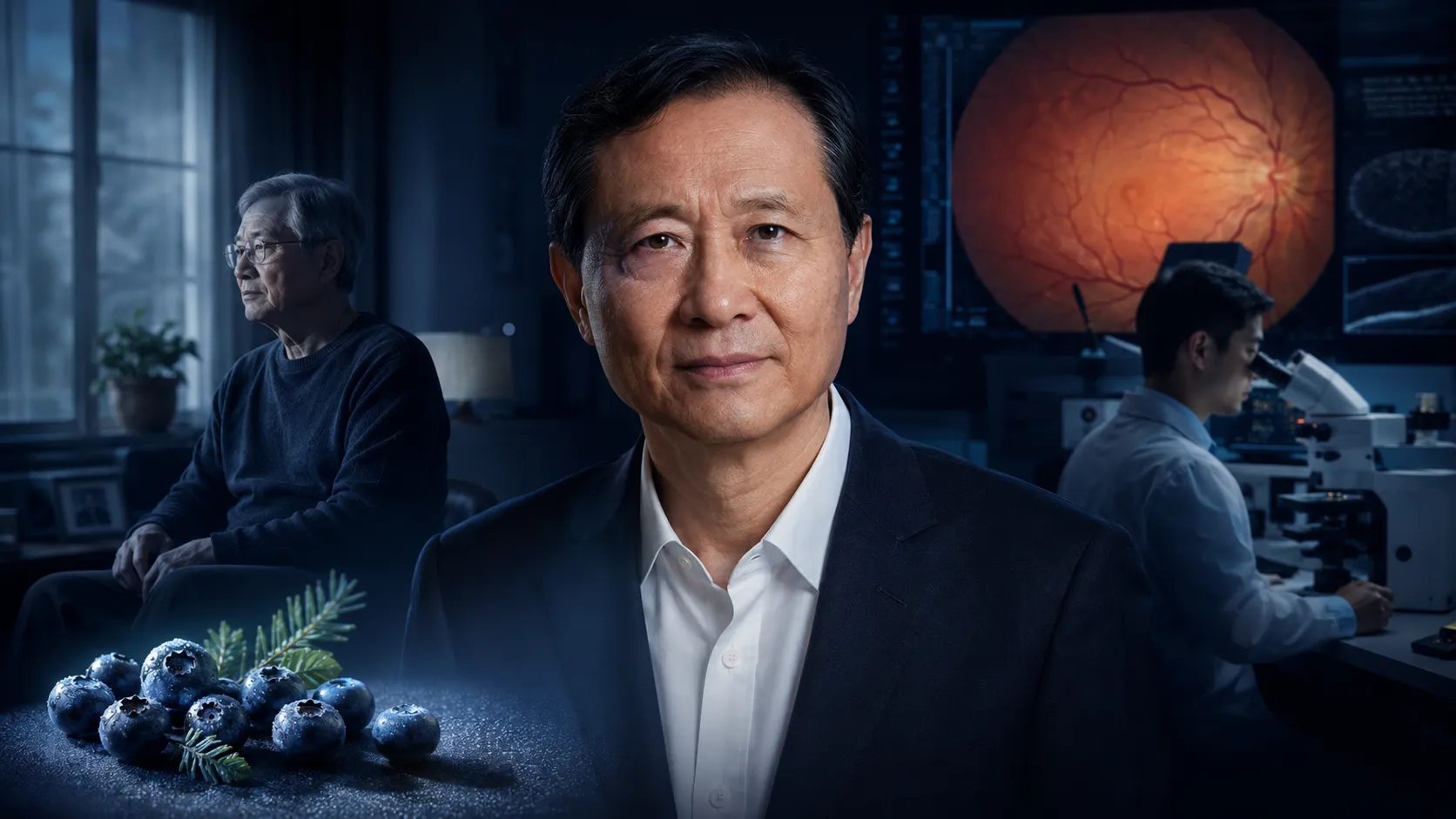 Dr. Wang with a vision researcher, an older patient and wild blueberries