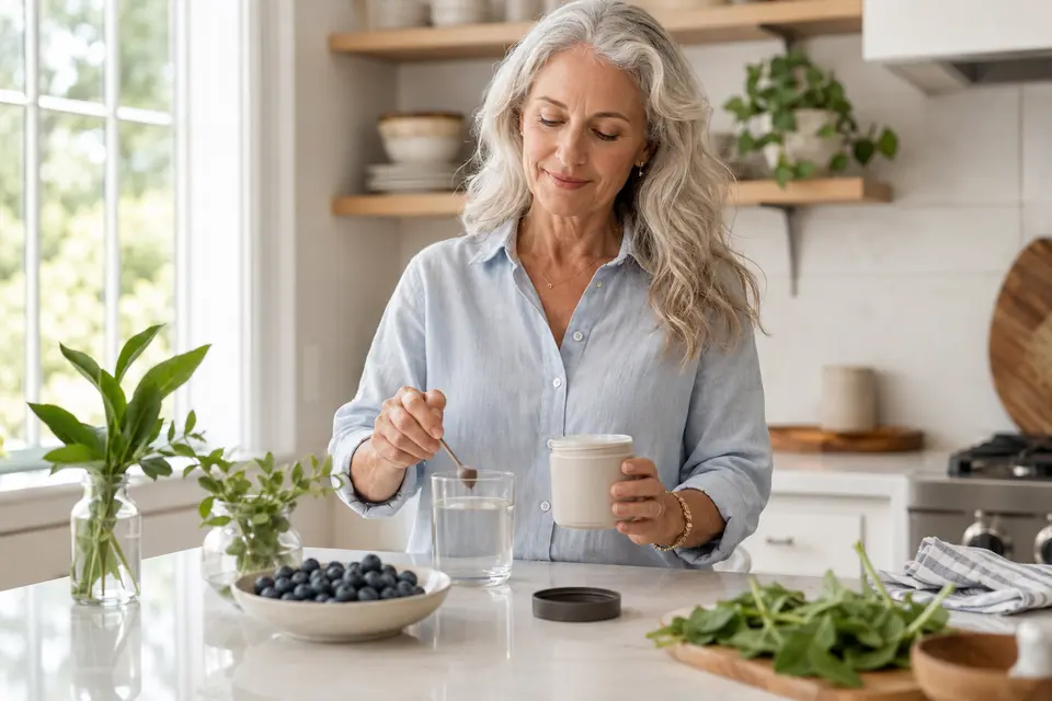 Mature woman preparing a natural morning wellness routine