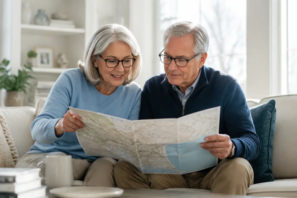 Active senior couple comfortably reading a travel map