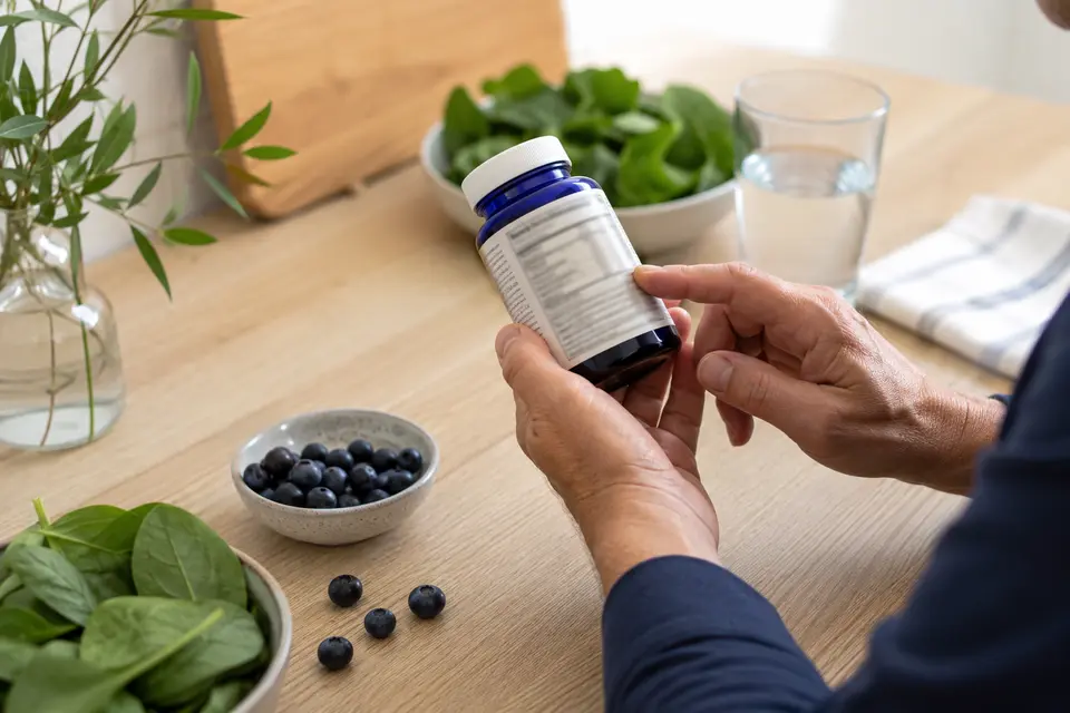 Adult carefully reviewing a supplement facts label and botanical ingredients
