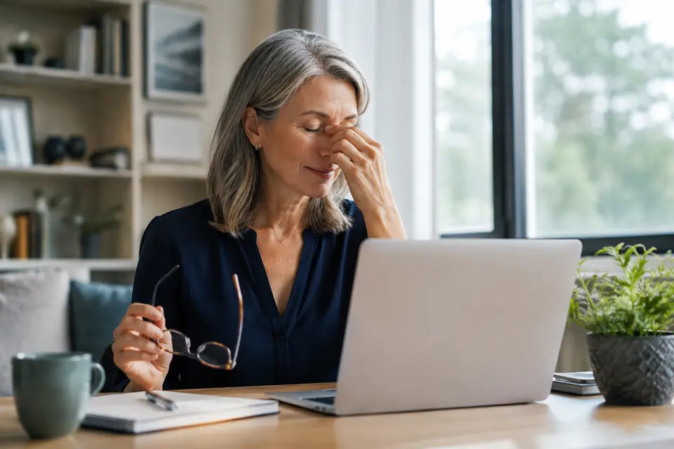 Mature woman resting her eyes during computer work