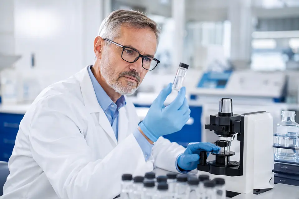 Quality-control technician examining a sample in a modern laboratory