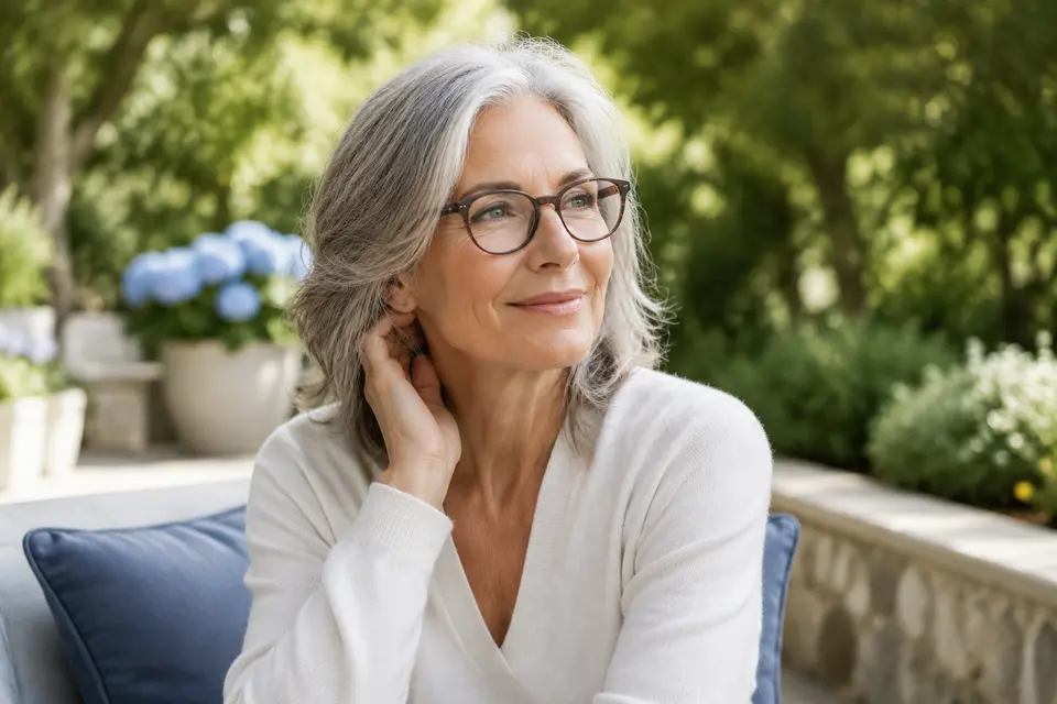 Mature woman comfortably looking into a sunlit garden