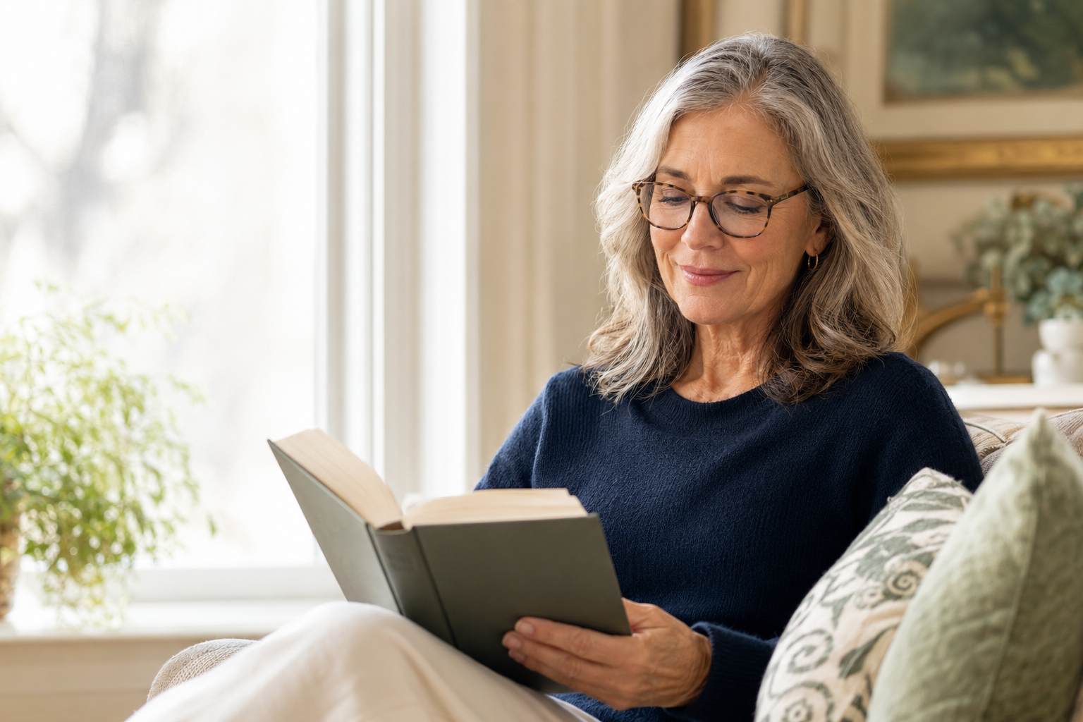 Mature woman comfortably reading near a sunlit window